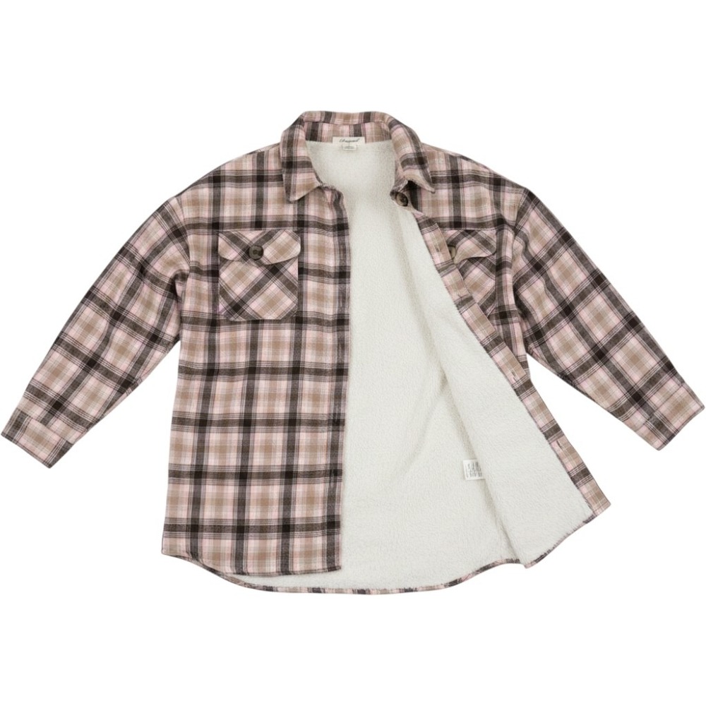 Passport Plaid Sherpa Lined Shacket Blush Taupe Button Front Shirt Jacket M